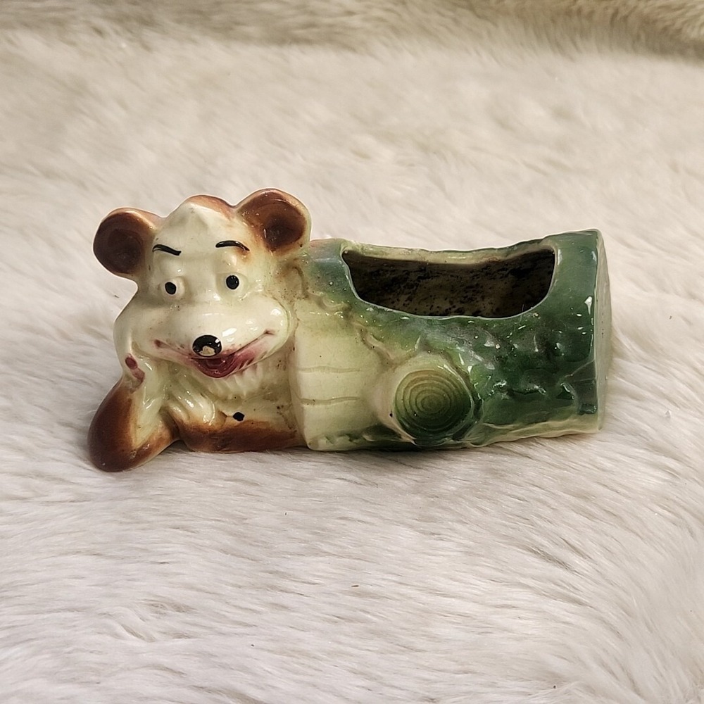 Vintage Art Pottery Planter of a‎ Bear Resting in a Log